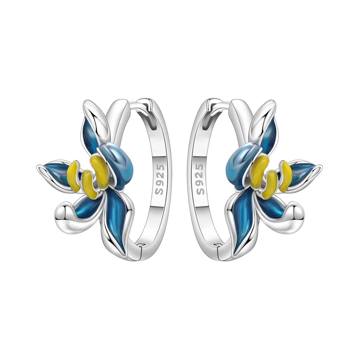 925 Sterling Silver Purple Flowers Plants Leaf Series Blue Iris Flower Earring Hoop Ea close-up view
