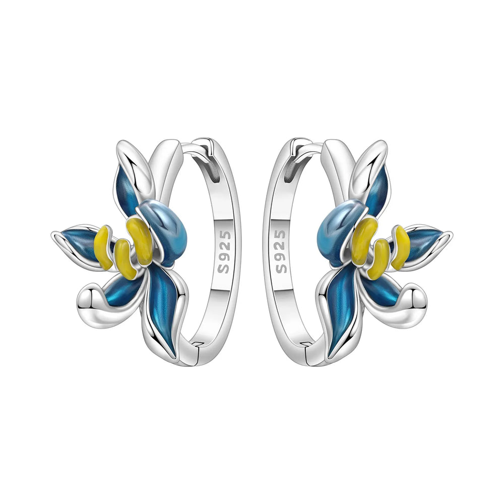 925 Sterling Silver Purple Flowers Plants Leaf Series Blue Iris Flower Earring Hoop Ea close-up view