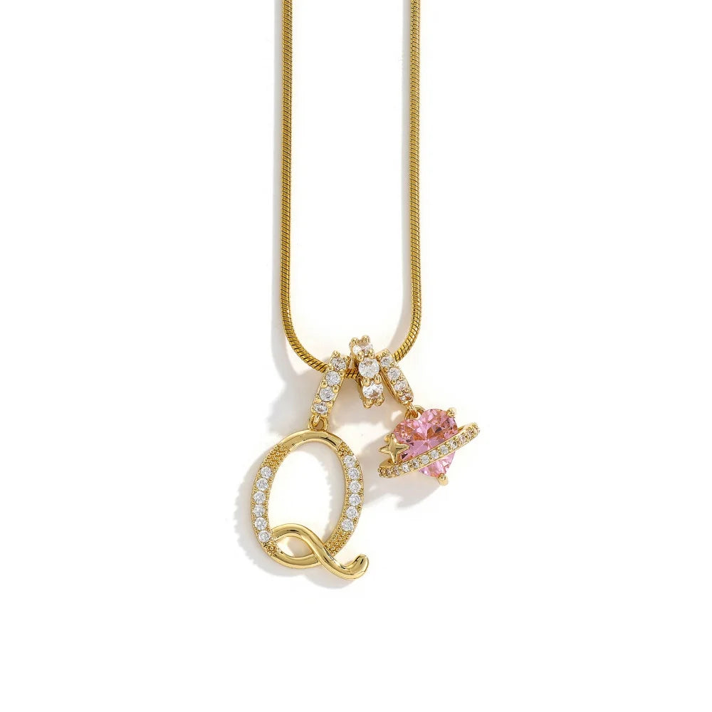 Gold Color Zircon Flower Pendant Necklace Female A-Z 26 Letter Alphabet Wedding Jewelry detail view