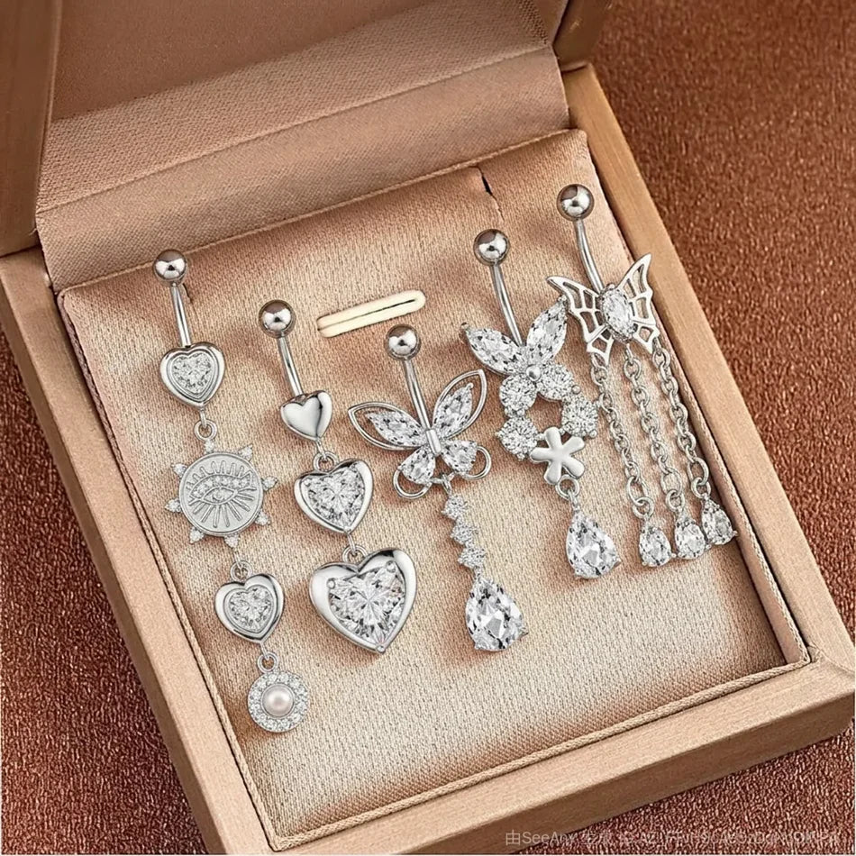 14G Crystal Heart Butterfly Dangle Belly Button Rings CZ Zircon Drop Navel Barbell Be alternate view
