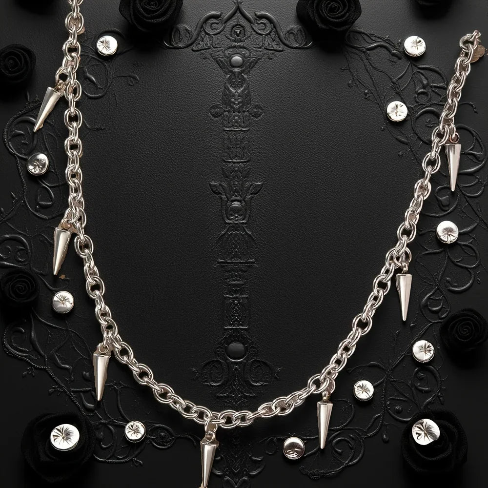 Men Punk Style Rivet Tassel Necklace Hip Hop Women Fashion Geometric Titanium Steel Chai detail view