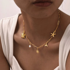 18k Gold Plated Pearl Shell Starfish Necklace | Summer Beach Jewelry for Women close-up view