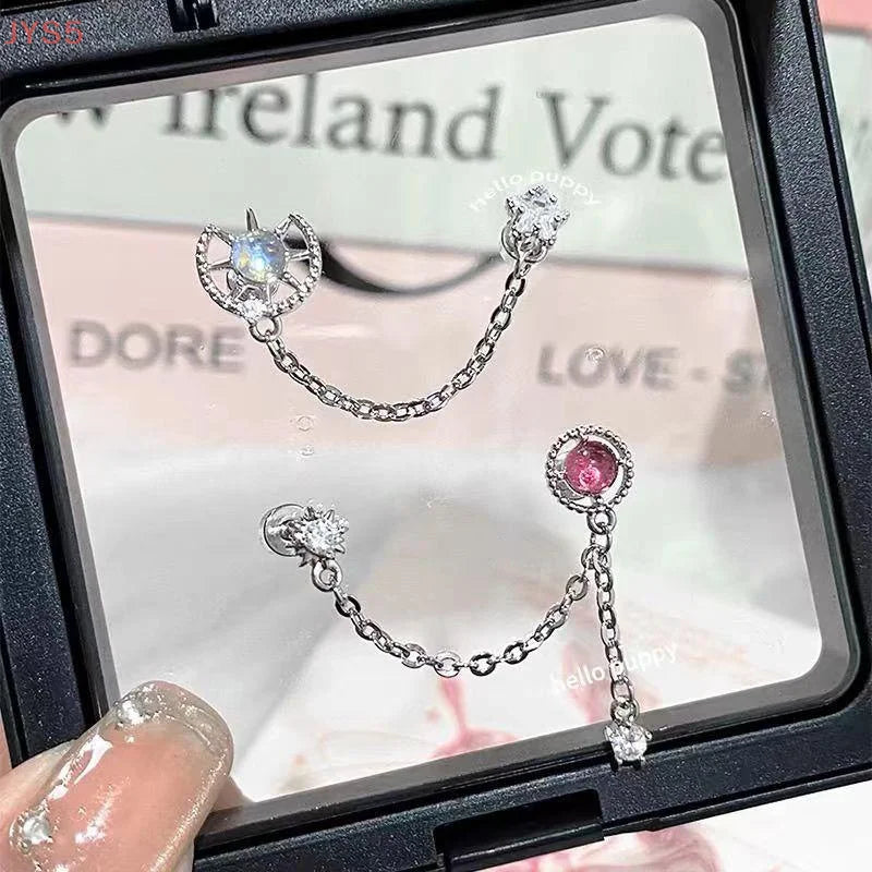 Double Ear Hole Ear Bone Chain Earrings | Sweet Cool Y2K Dazzle Color Jewelry additional angle