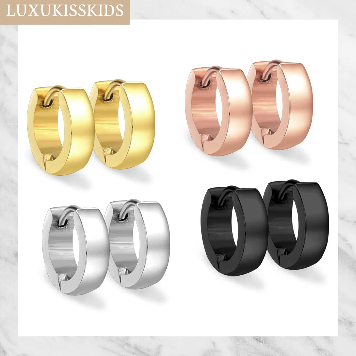 Solid Smooth Hoop Earrings Rosegold Black Stainless Steel Simple Round Ear Clips | Unisex Fashion Je