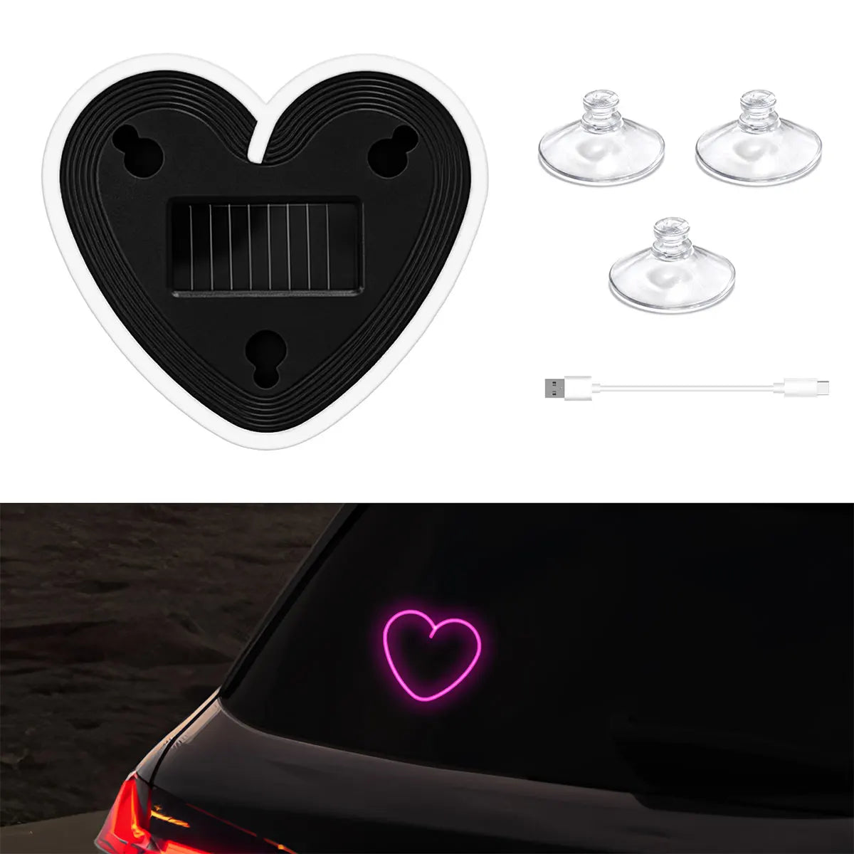 Solar Powered Heart Neon Light | Car Ambient LED Lamp additional angle