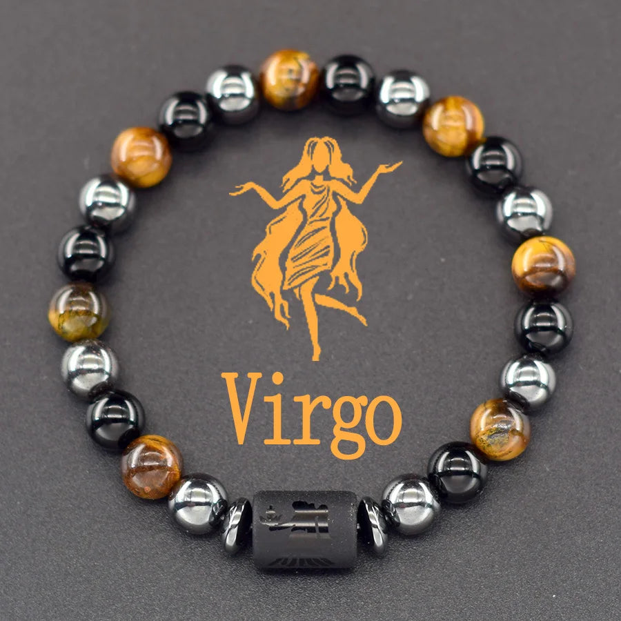 12 Zodiac Sign Bracelet Homme Constellation Bangle Natural Yellow Tiger Eye Stone Hema close-up view