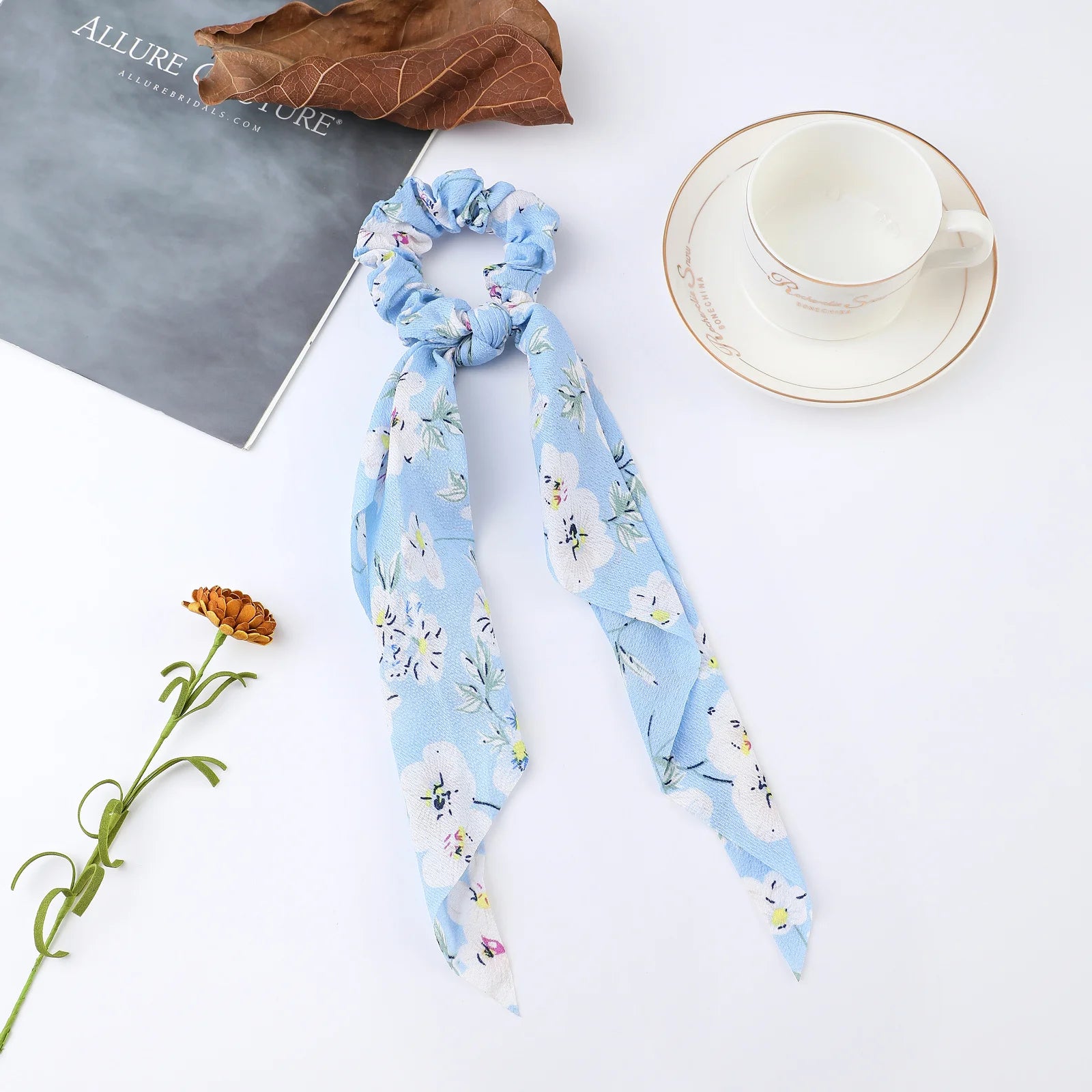 Fashion Flower Print Bow Satin Long Ribbon Ponytail Scarf Tie Scrunchies Women Girls Ela detail view