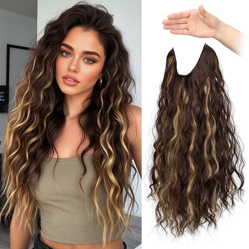 Long Synthetic Fishing Line Hair Extensions Elegant Water Wave Curly Styles for Wom additional angle