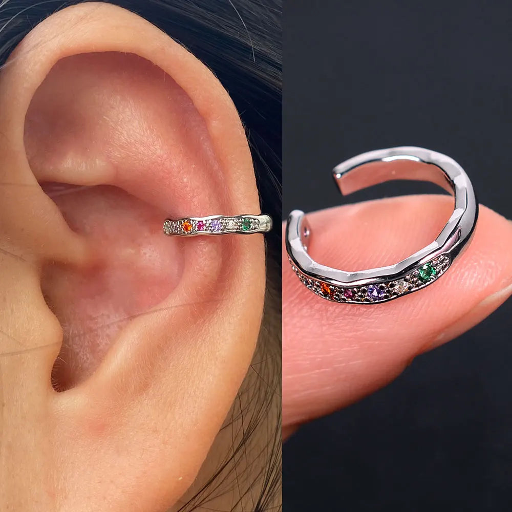 Geometric Rainbow CZ Cuff Clip On Earrings for Women