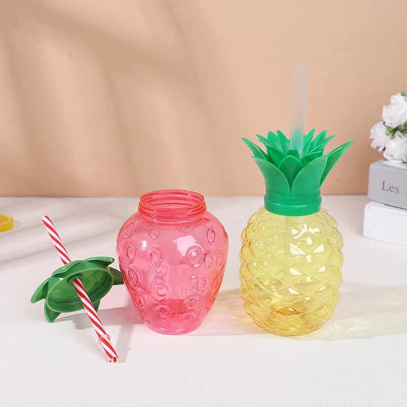Strawberries, Pineapple Shaped Straw Beverage Plastic Transparent Juice Cups,photogra alternate view
