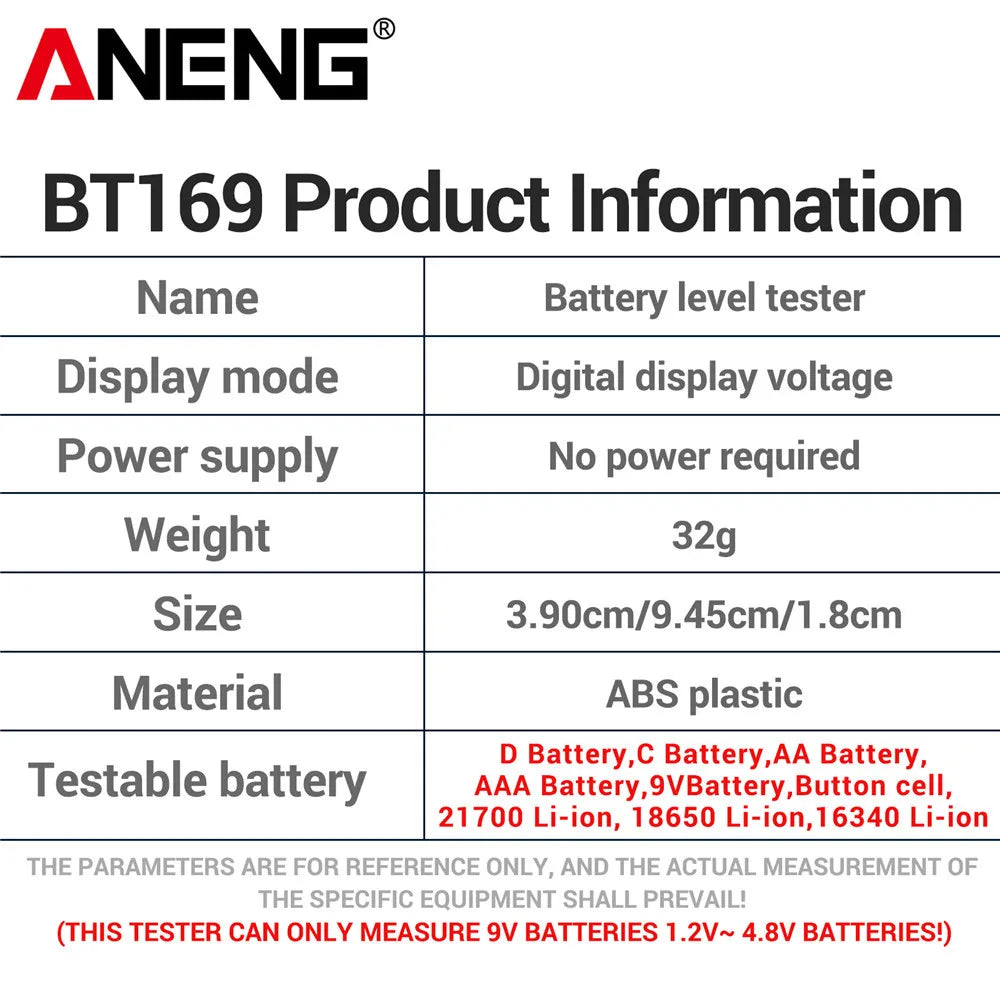 ANENG BT169 Battery Level Tester | Digital Display, No Power Required, Portable ABS additional angle