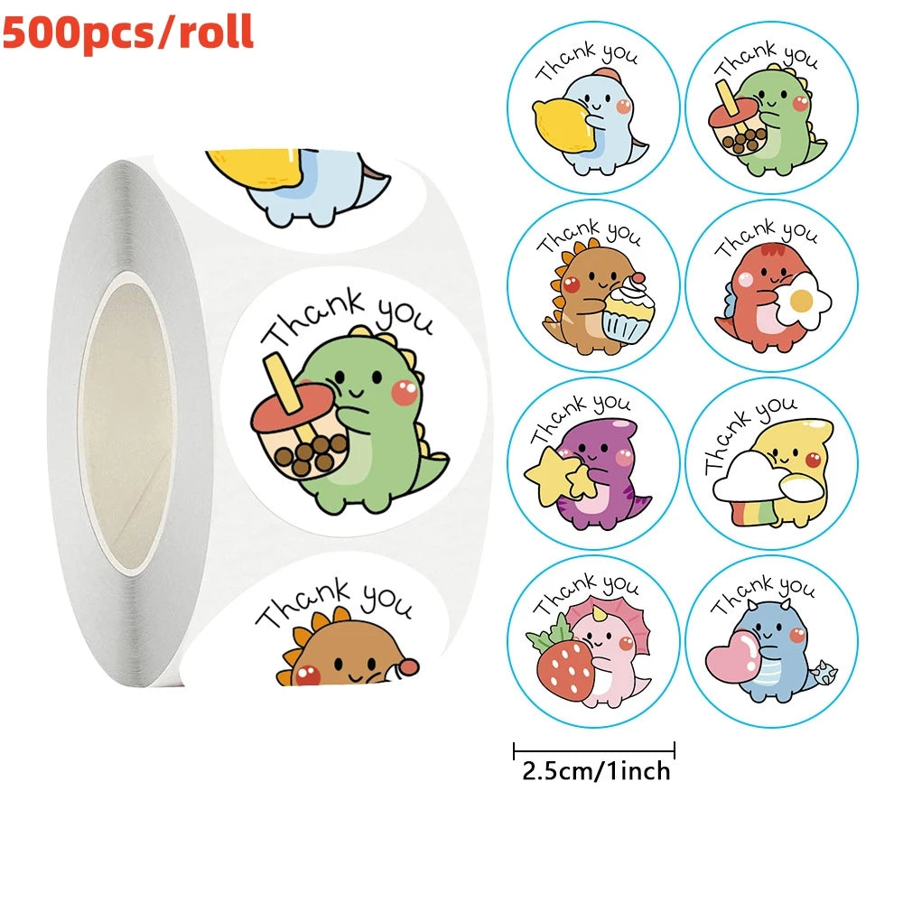 50/100/500pcs Cartoon Dinosaur Thank You Stickers | 1 Inch Round Labels for Packagi additional angle