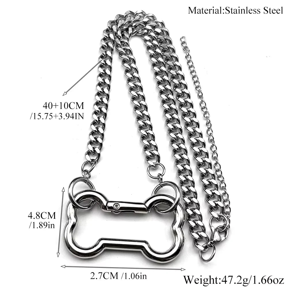 Punk Dog Bone Pendant Necklace | Stainless Steel Silver Goth Choker additional angle