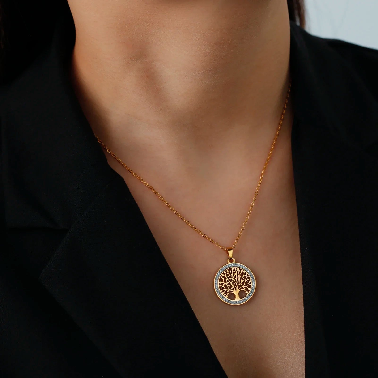 Skyrim Tree of Life Necklace for Women Stainless Steel Gold Color Clear Zircon Round alternate view