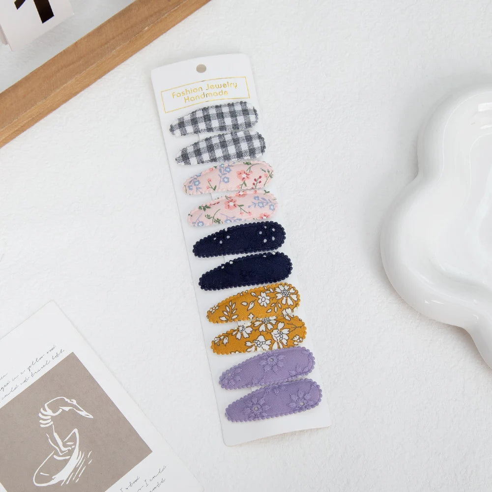 10Pcs/Lot Ins 6cm Flower Print Cotton Alloy Hair Bow Snap Clips Set Fabric Plaid Bobby Hairpins Hairgrips Girls Kids Headwear