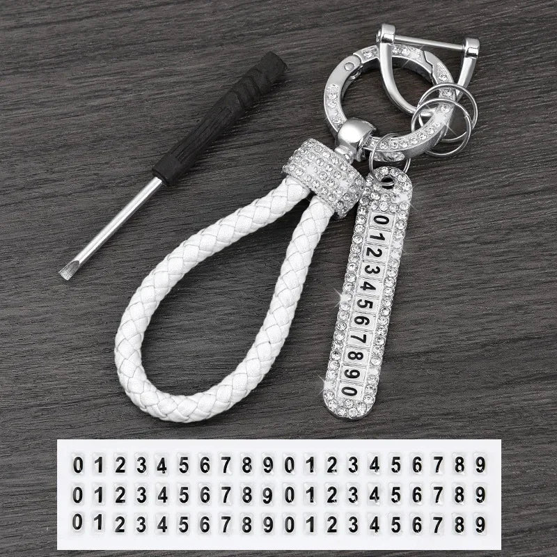 Leather Braided Keychain with Phone Number Card | Anti-Lost Car Key Holder close-up view