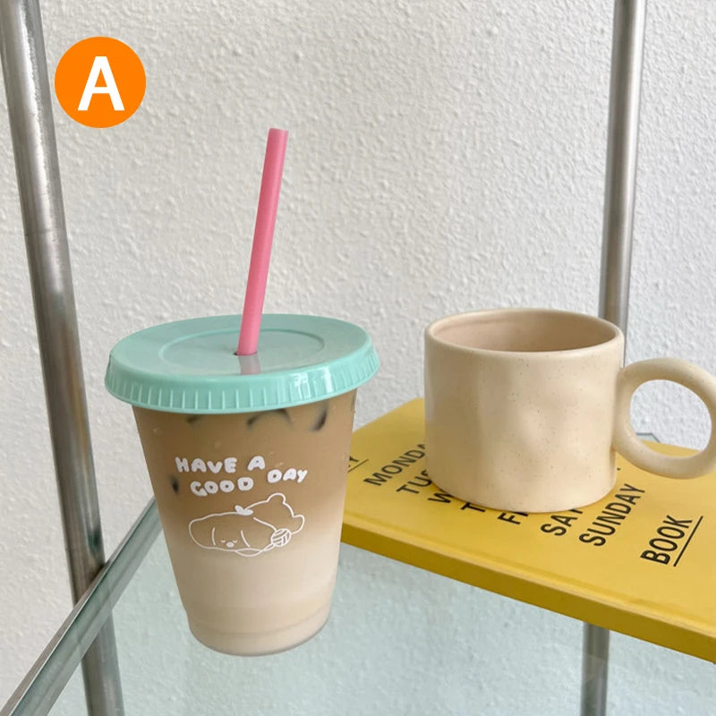 【Q】Water Bottle For Coffee Juice Milk Tea Kawaii Plastic Cold Cups With Lid Straw Portab detail view