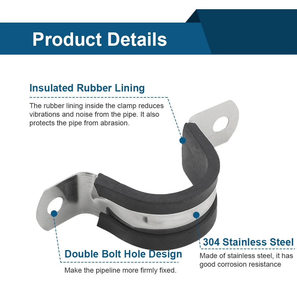 Rubber Lined Pipe Clamp P Clips | Stainless Steel Mounting Hose Clamps 6mm-200mm close-up view