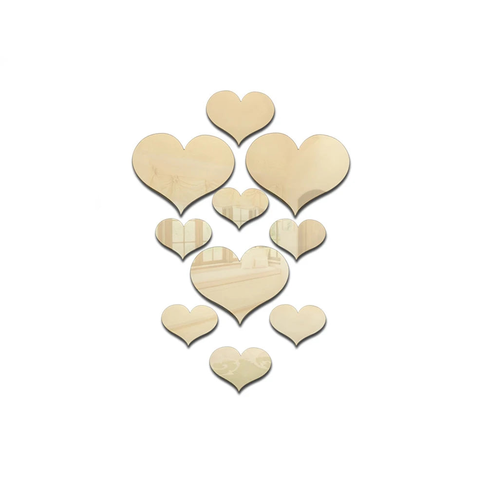 10Pcs Acrylic Love Heart Wall Stickers | Mirror 3D Decals for Home Decor detail view