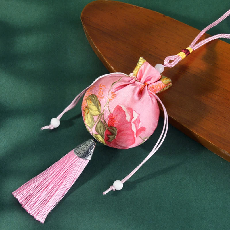 Chinese Style Embroidery Tassel Gift Pouch | Lotus Scented Sachet Bag close-up view
