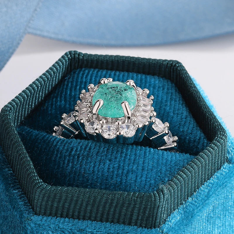 925 Silver Plated Luxurious Paraiba Sapphire Oval Full Diamond Couple Ring For Women alternate view