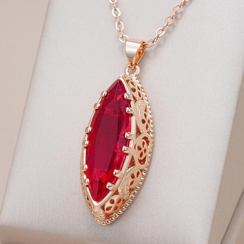 Elegant Luxury Leaf Shape Red Synthetic Zirconia Dangle Necklace for Women Fashion Charm Rose Golden