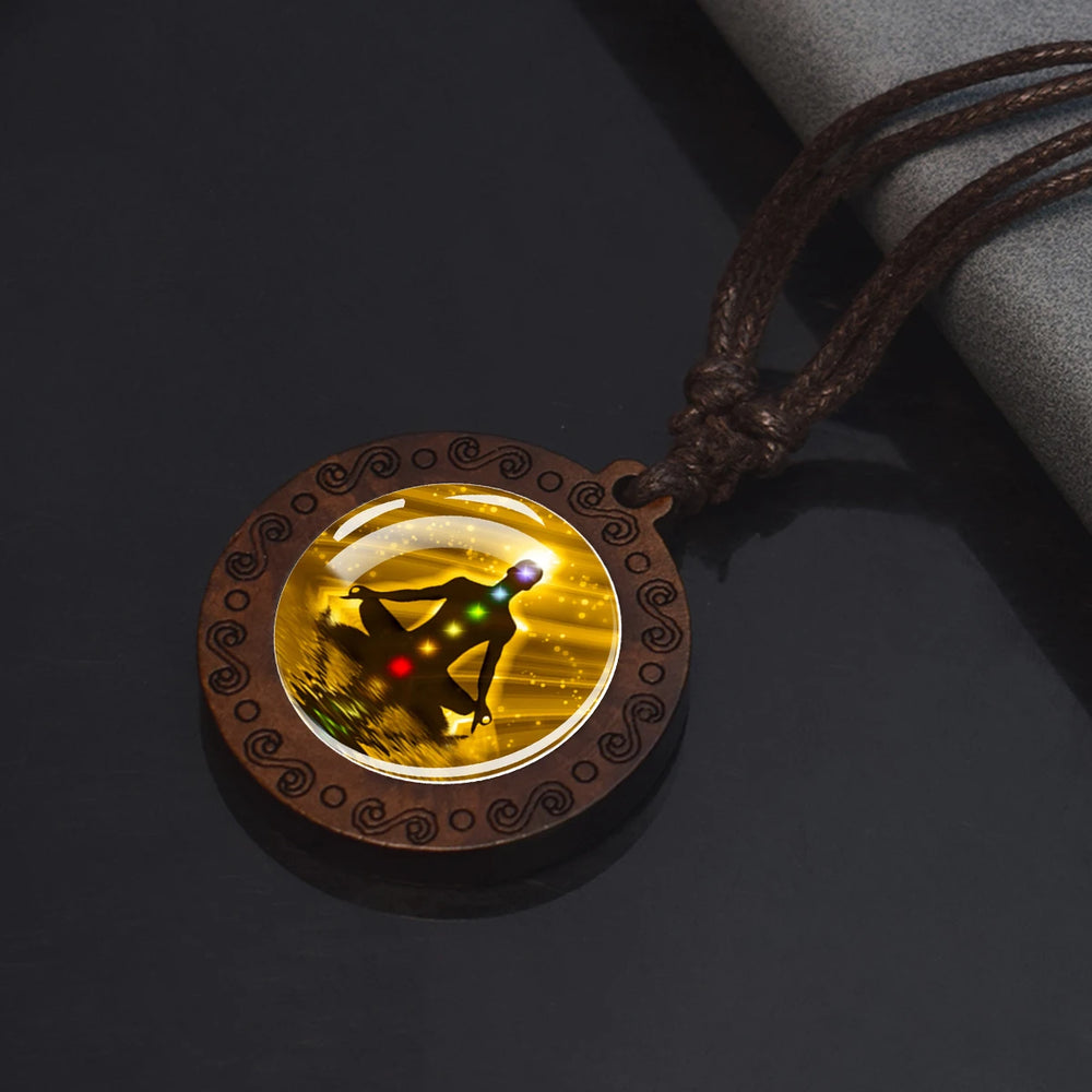 7Chakra Symbol Necklace Yoga Meditation Glass Dome Vintage Wooden Pendant Rope Chains close-up view