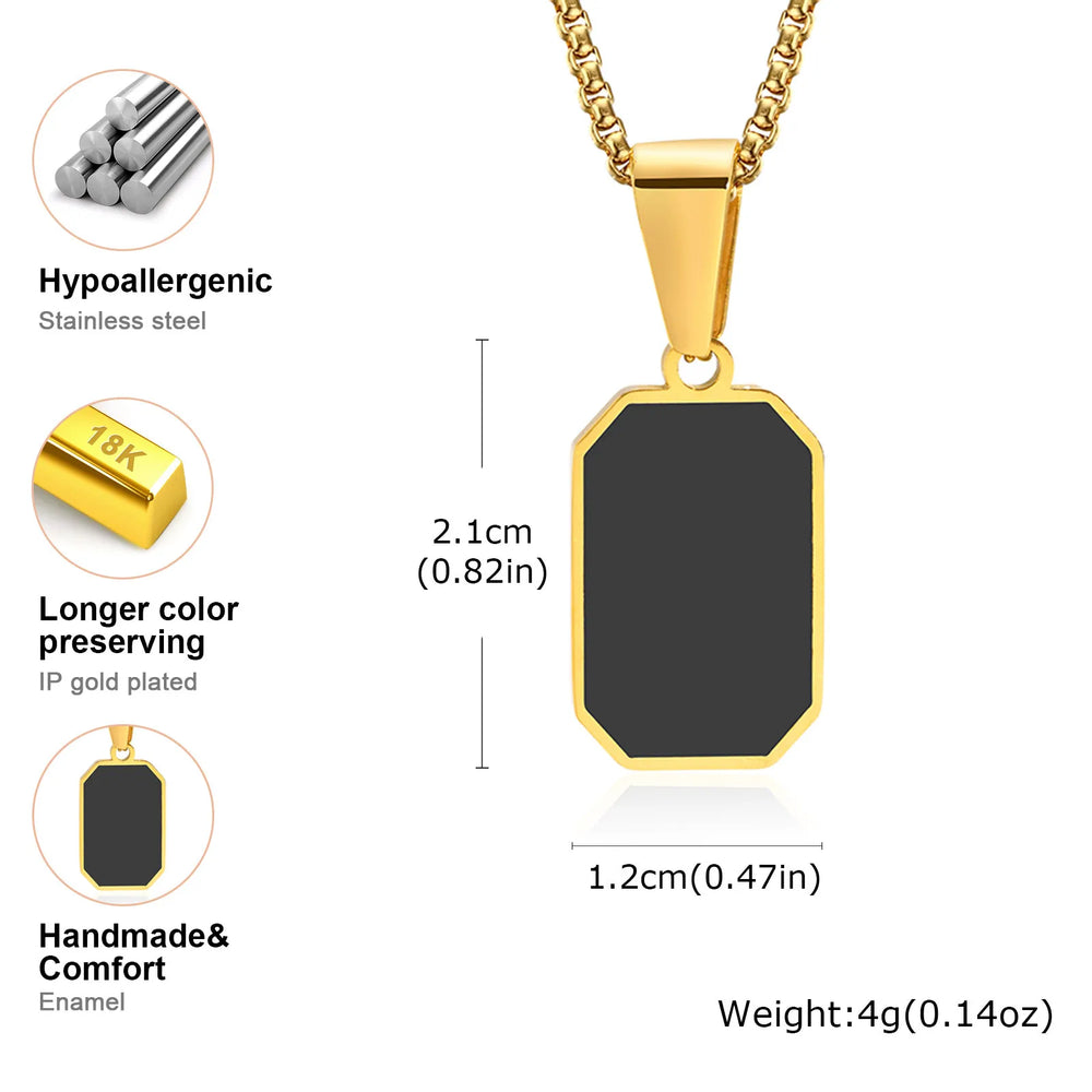 Men's Geometric Square Necklace | Black Enamel Rectangle Pendant with Rope Chain additional angle