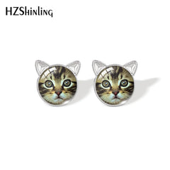 Lovely Cat Face Stud Earrings | Handmade Glass Dome Photo Printed Jewelry for Women