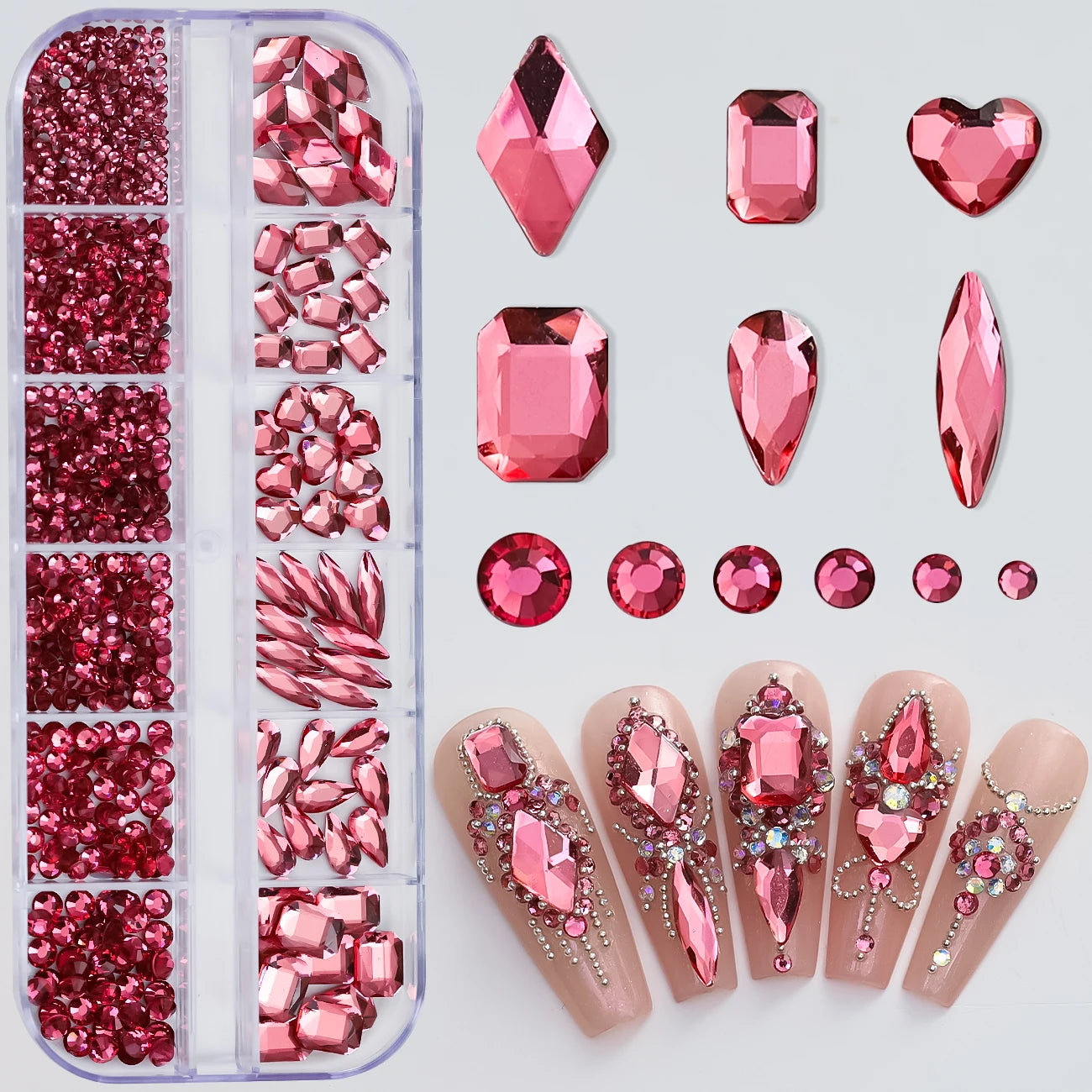 12Grids Pink Mixed Nail Rhinestones Luxury Nail Charms Glitter Crystal Jewelry Gems Na close-up view