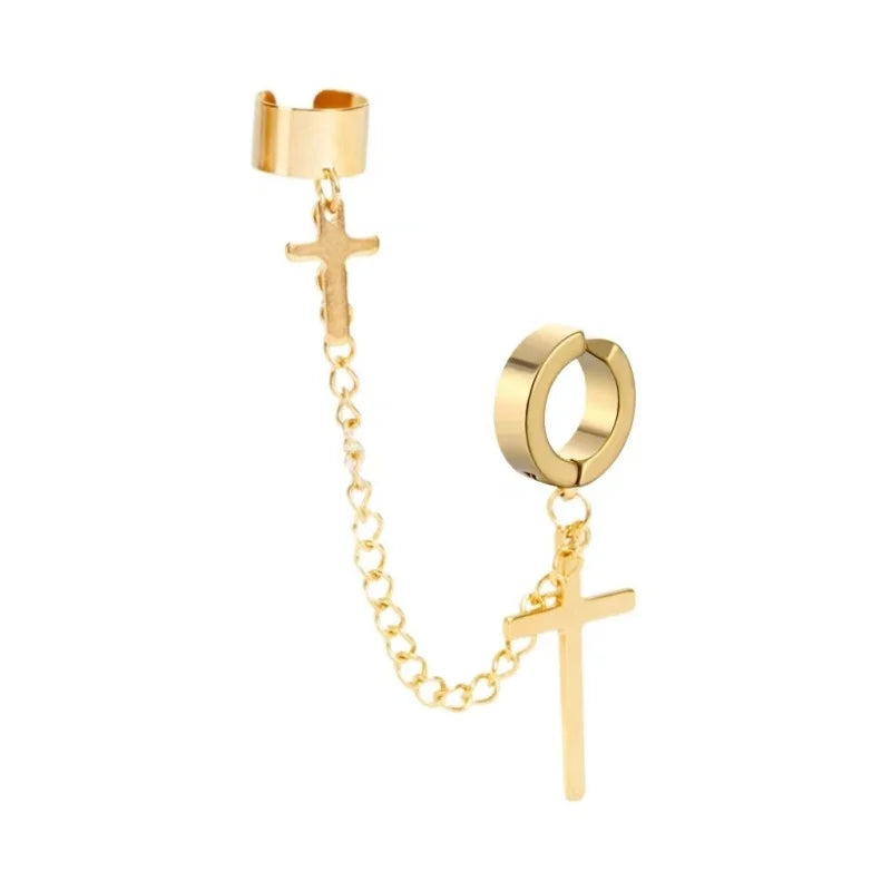 EVISPOL Gothic 2 Punk Cross Tassel Fake Earrings Cuff Clip On Metal Chain Earrings Hip close-up view