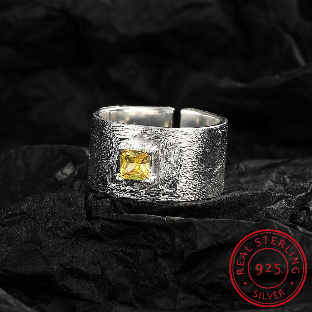 Real 925 Sterling Silver Square Citrine Gemstone Frosted Wide Opening Ring For Women W close-up view