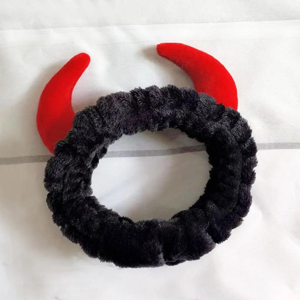 Plush Headband Women Girls Cute Red Horns Soft Elastic Hairband Wash Face Sport Velvet close-up view