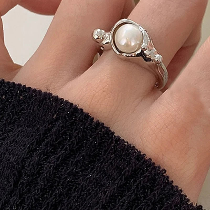 PANJBJ 925 Sterling Silber Perlen Unregelmäßiger Ring | Damen Muschel Überlappend Hohl Süßes Design Schmuck