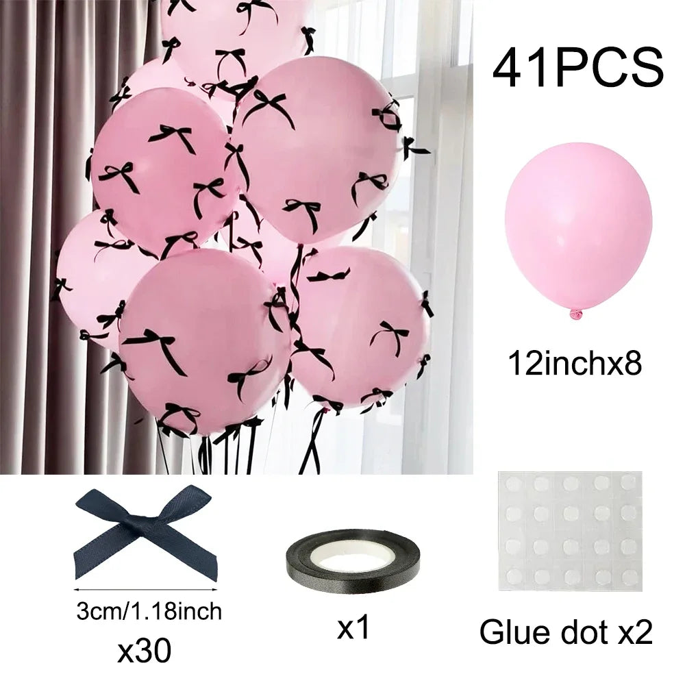 Bow Balloons Set White Balloon Mini Pink Ribbon Bows Girls Birthday Party