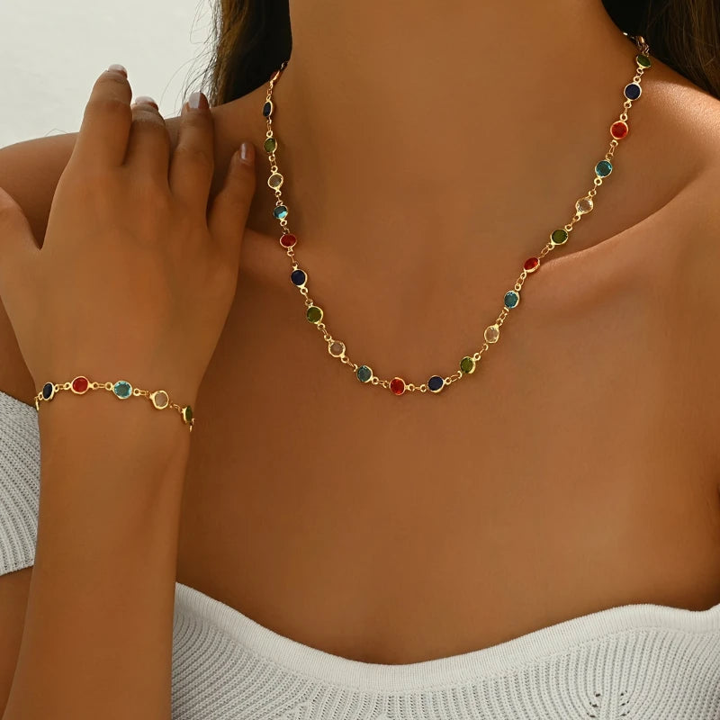 Personalized Color Inlaid Zirconia Jewelry Set | Trendy Necklace and Bracelet for Women detail view
