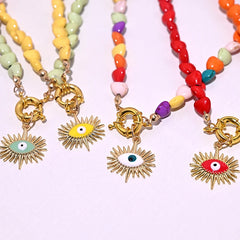 Heart Choker Necklace with Colorful Beads | Bohemian Eye Pendant Set for Women close-up view