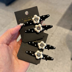 New Sweet Polka Dot Pearl Flower Clip Womens Bangs Clip Elegant Fashion Korean Style Duckbill Hair Rhinestone Accessory Pair Set