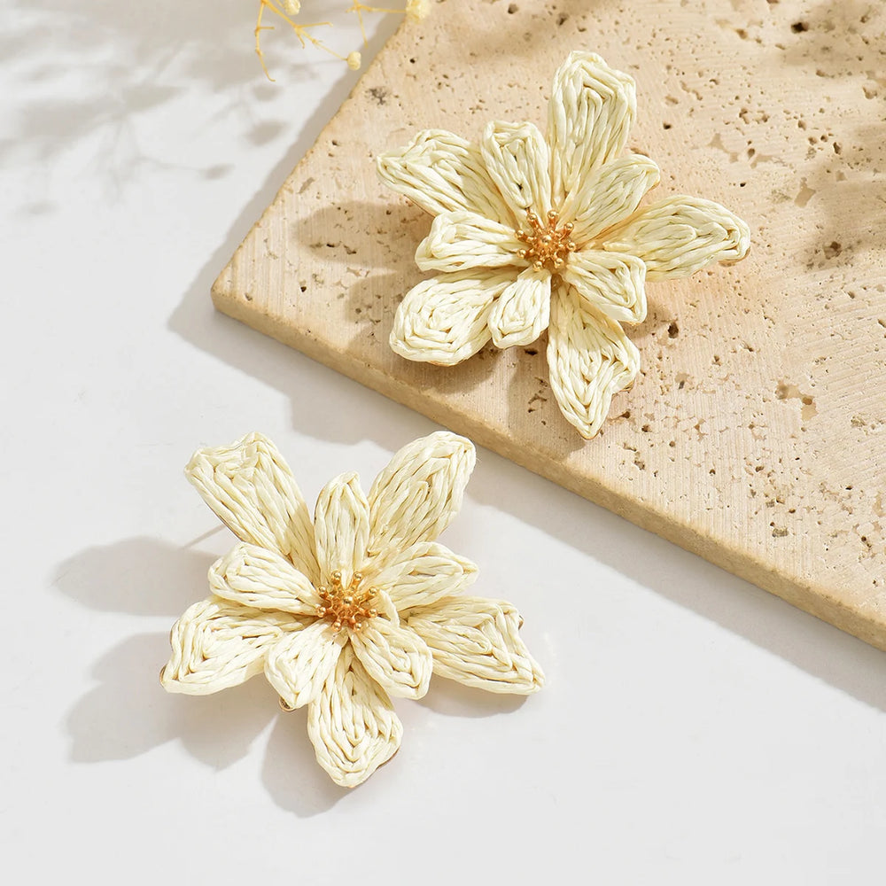 Boho Handmade Raffia Flower Earrings | Unique Summer Floral Drop Earrings for Women detail view
