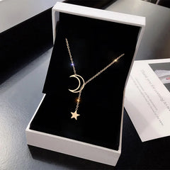 New Simple Moon Star Pendant Choker Necklace Simple Gold Color Alloy Charm Chain Collares Necklace F