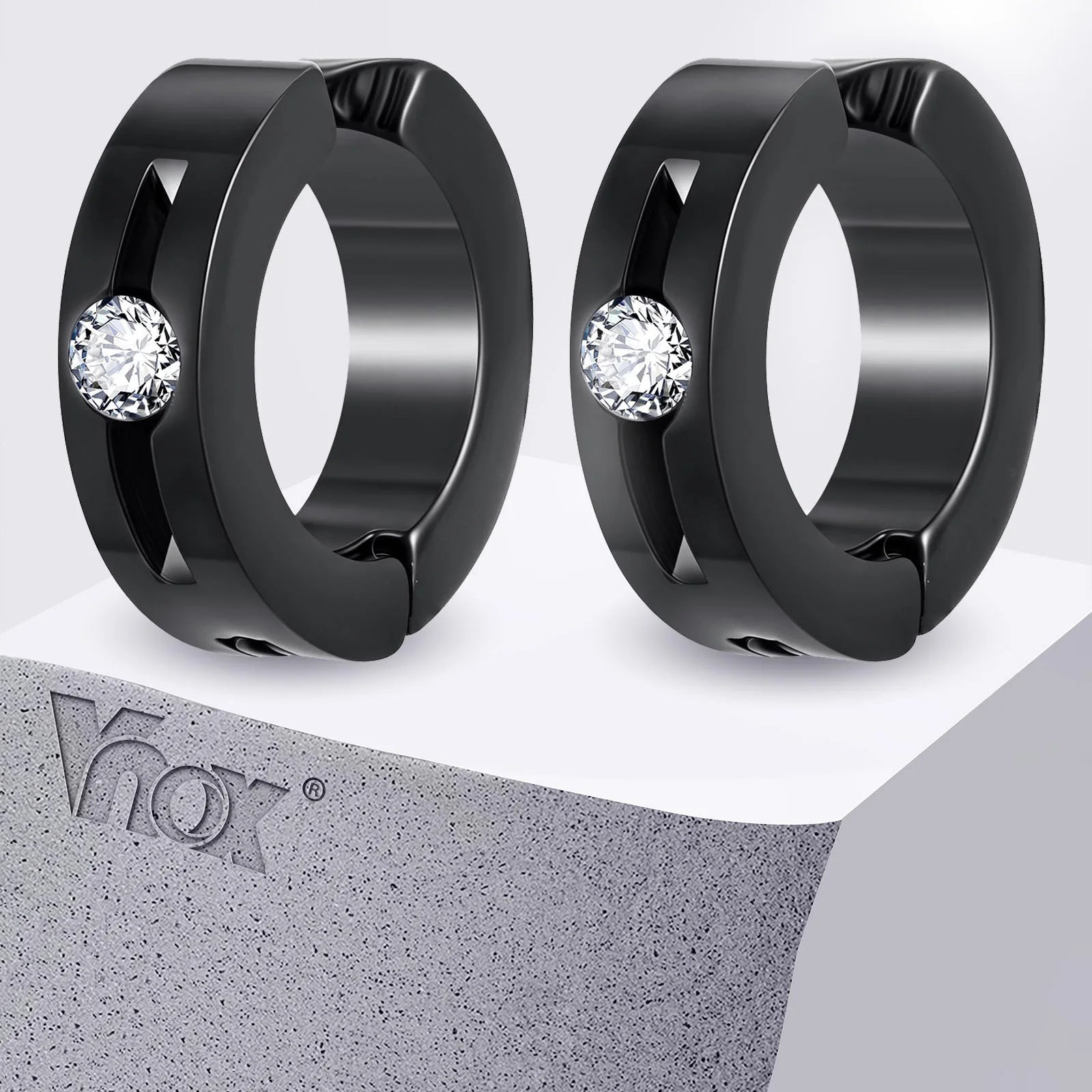Vnox Stainless Steel Zircon Ear Clip Black 3.8*13.4mm, Anti Allergy Non Piercing Earring for Men Dad