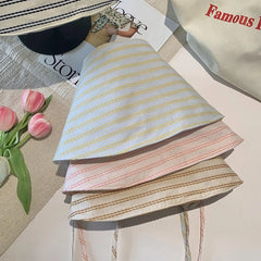 Women's Large Brim Foldable Bucket Hat with Chin Strap | Korean Style Striped Panama Sun detail view