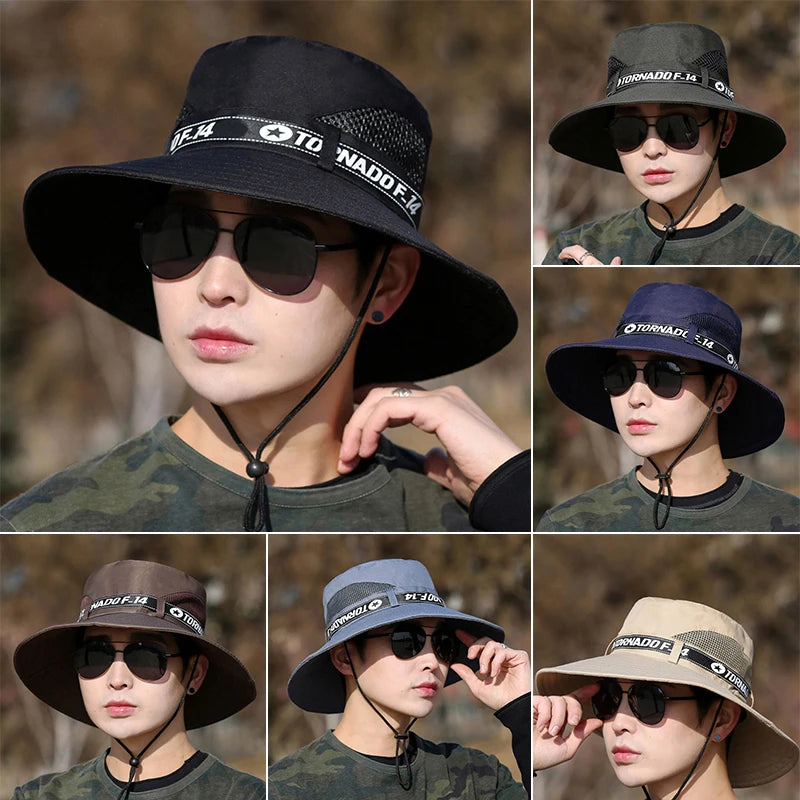 Windproof Men Outdoor Hat | Wide Brim Flat Top Fisherman Hat with Letter Print and Ant close-up view