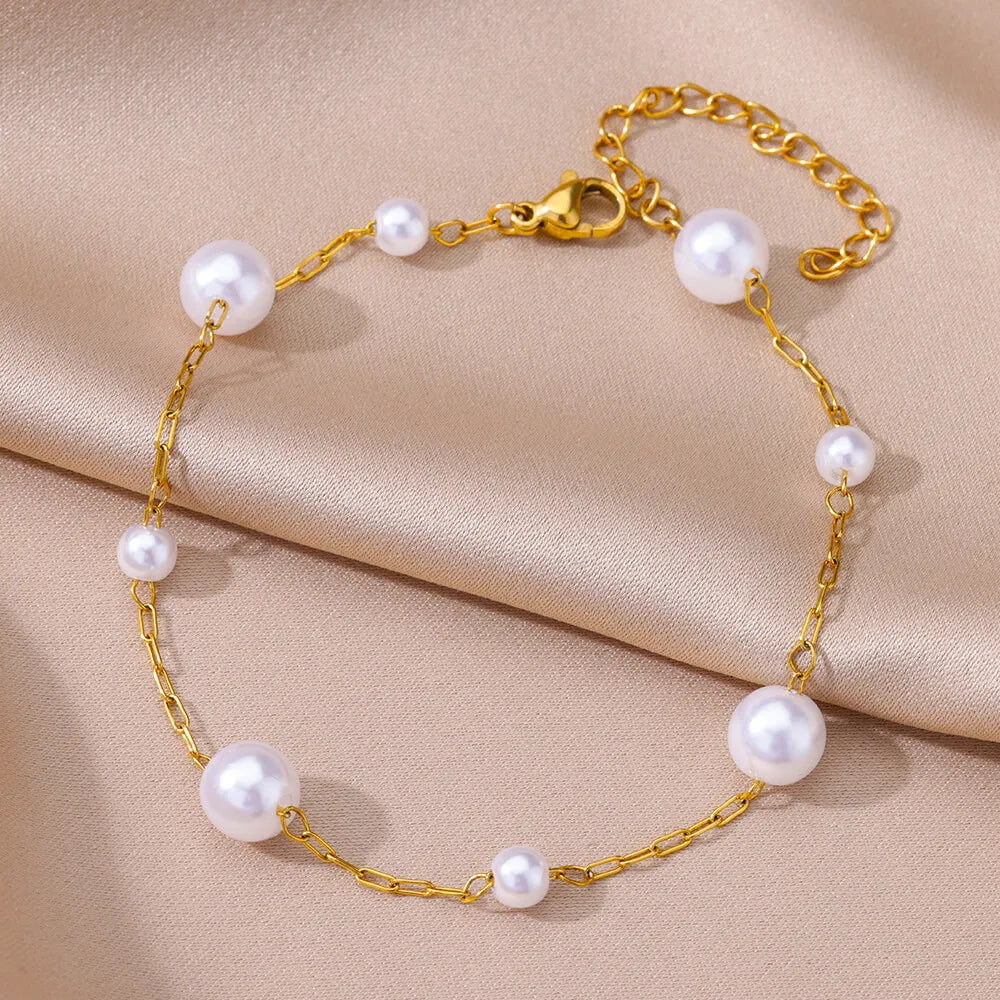 Anklets for Women Summer Beach Accessories Stainless Steel Imitation Pearl Chain Anklet detail view