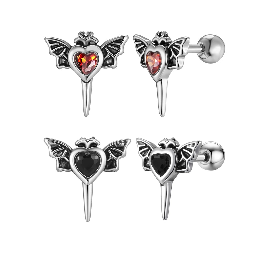 Stainless Steel Heart Zircon Wings Stud Earrings | Unisex Vintage Punk Gothic Jewel additional angle