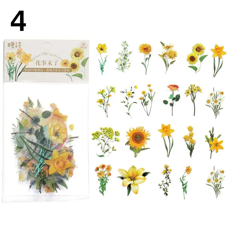 40 Pcs/set Plant Flower Stickers Decorative Green Leaves Retro Plant Manual Scrapbook DIY Label Diary Stationery Album Crafts