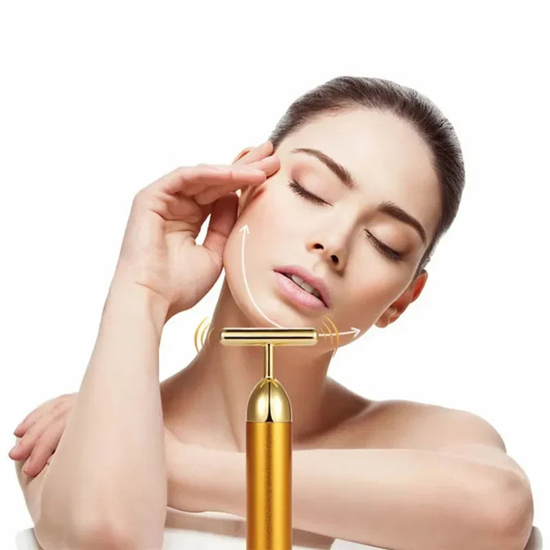 Gold Plated Facial Roller Massager | T-Shape Vibration Face Lift Tool close-up view