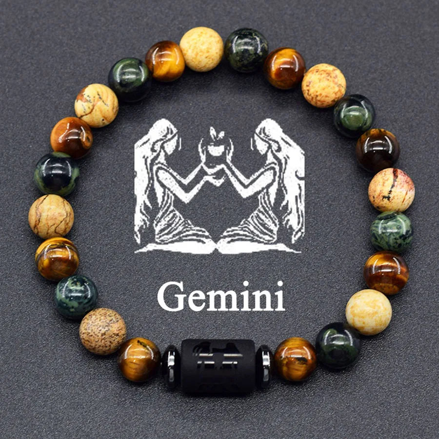 12 Zodiac Sign Bracelet Homme Constellation Bangle Natural Yellow Tiger Eye Stone Hema close-up view