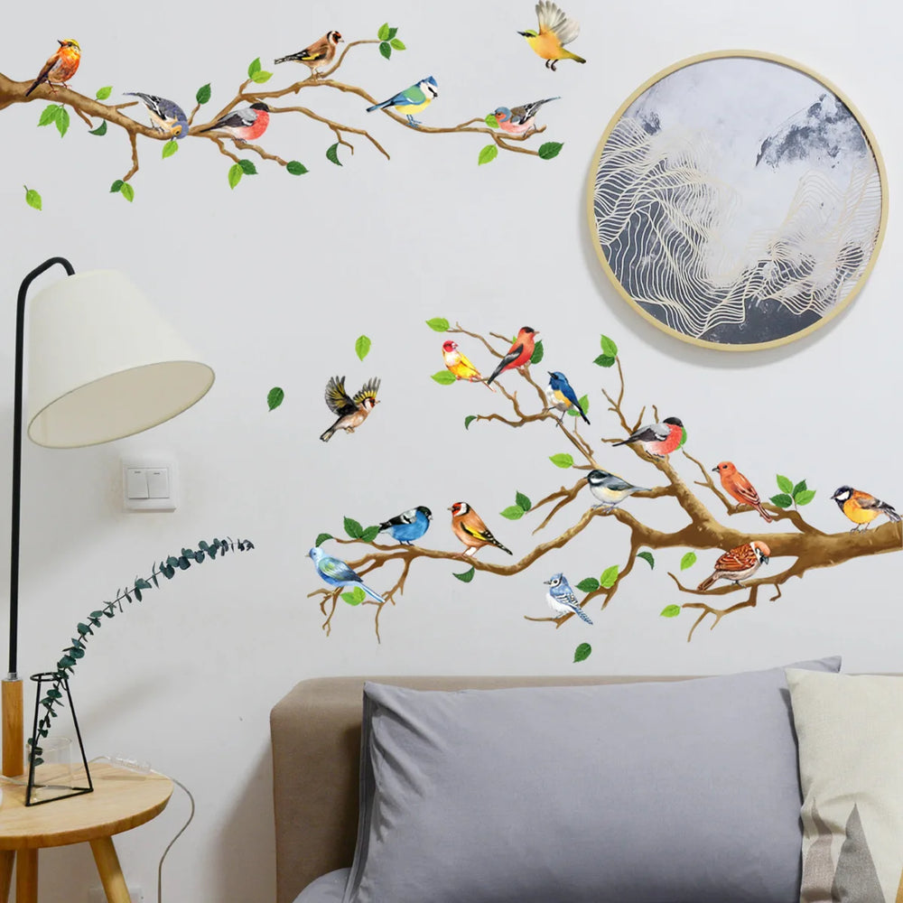 Colorful Birds on Branch Wall Decal | 4pcs Self-Adhesive PVC Art Sticker Set alternate view