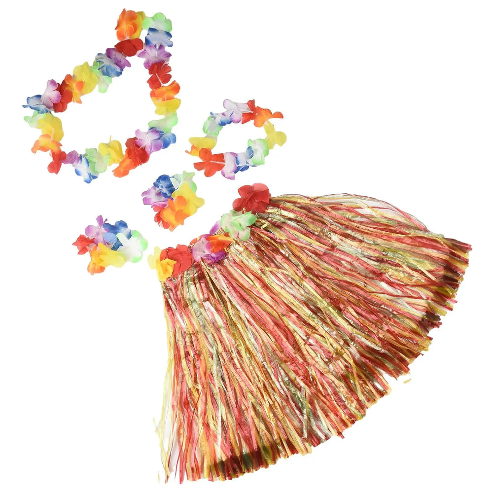 Kids Hawaiian Luau Costume Set | Grass Skirt Lei Flower Bracelets Headband alternate view